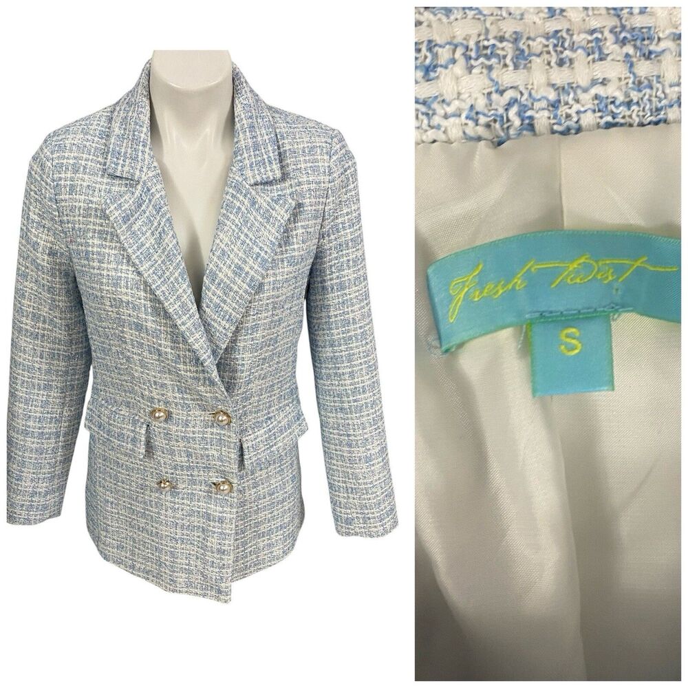 Fresh Twist Blazer Coat Womens Small Blue Jacket Old Money Tweed Work Office